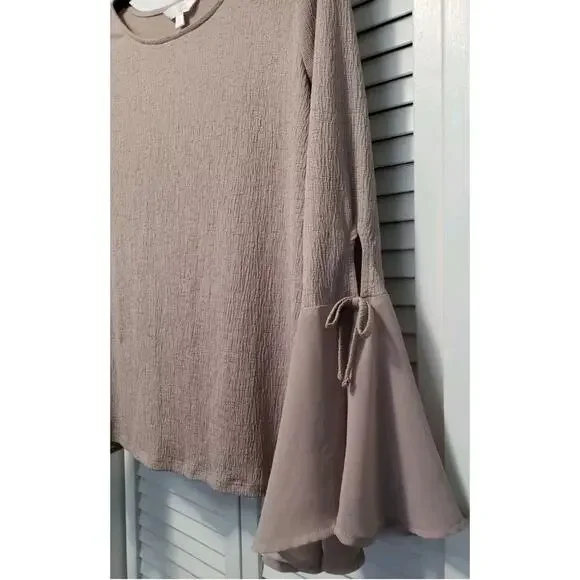 Lauren Conrad Gauzy Top Women's Size Small Taupe Sheer Bell Sleeve Blouse - Picture 4 of 10